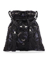 Black embroidered handbag with tassels on a white background