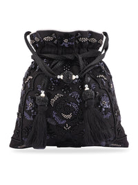 Black embroidered handbag with tassels on a white background
