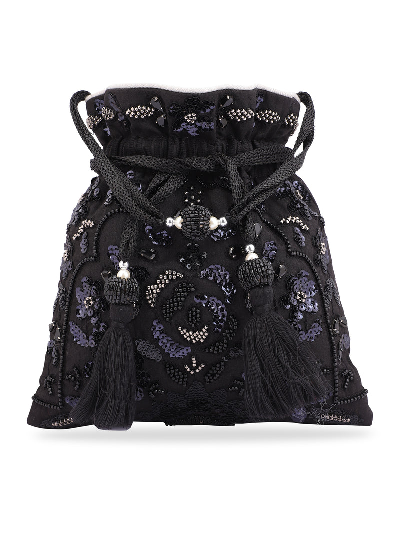 Black embroidered handbag with tassels on a white background