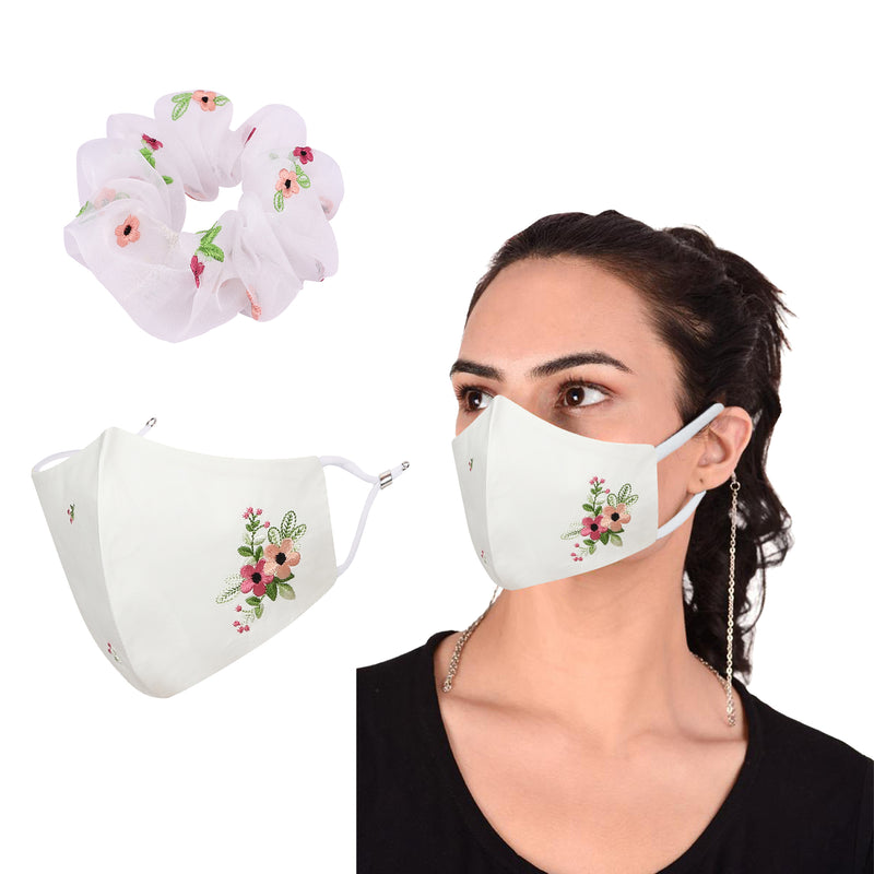 Face Mask Scrunchie, Verbina White Combo L Pack of 2