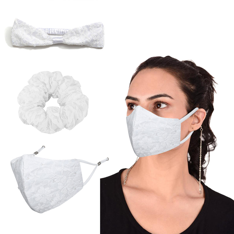 Face Mask Scrunchie,  Hairband Beaded White Pack of 3